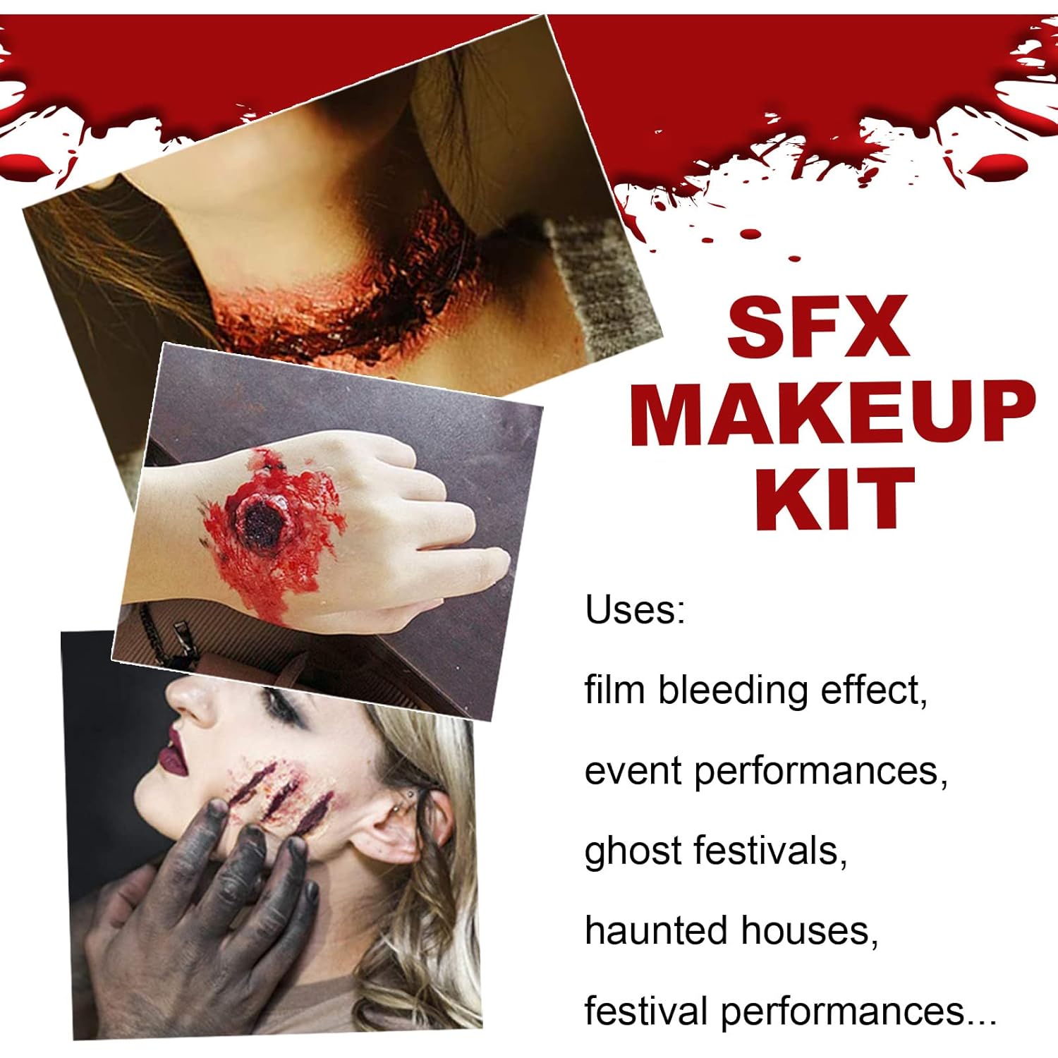 Kit de maquillaje de sangre falsa de Halloween, kit de maquillaje Sfx de Halloween, maquillaje de cara aterradora de Halloween, cicatriz de heridas