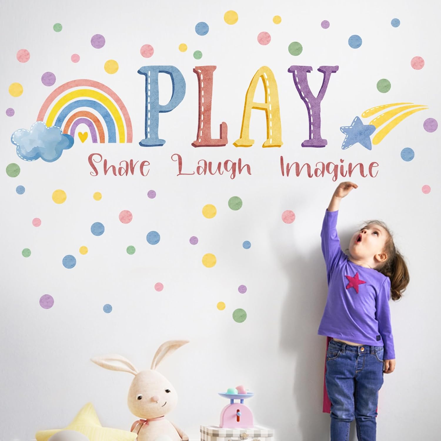 Mfault Calcomanías de pared para sala de juegos, juego inspirador, compartir risa, imagina, citas, decoración de habitación de guardería, arte de