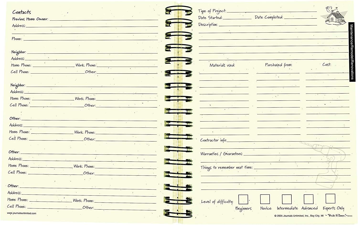 The Homeowners Journal, un planificador del hogar y libro de registro de Journals Unlimited con bolígrafo de tinta y lápiz óptico