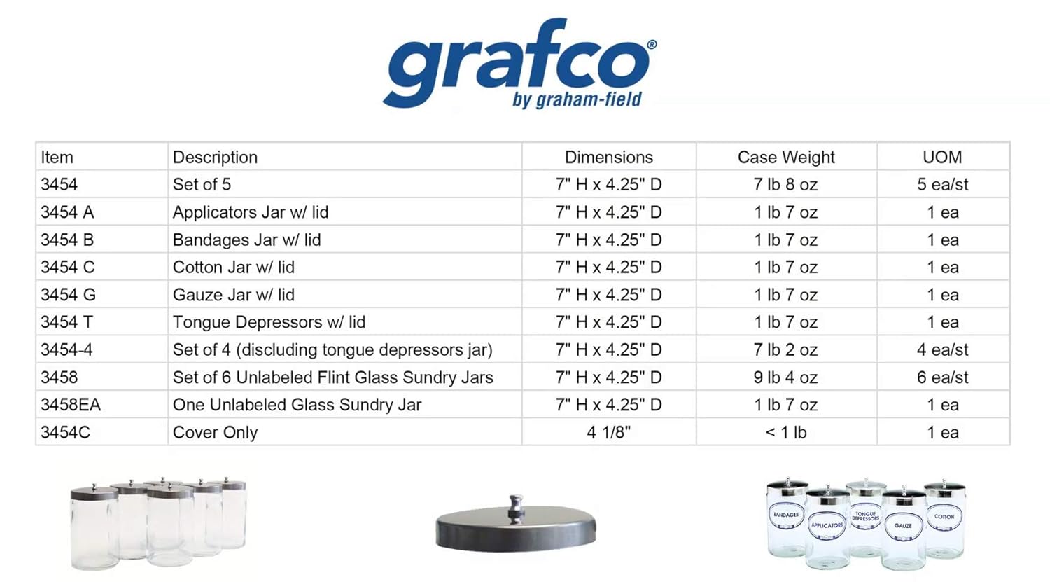 Grafco 3458 – Tarro de vidrio sin etiquetar con tapa, recipiente de suministro transparente con tapa de aluminio, 7 pulgadas de altura, 4.25