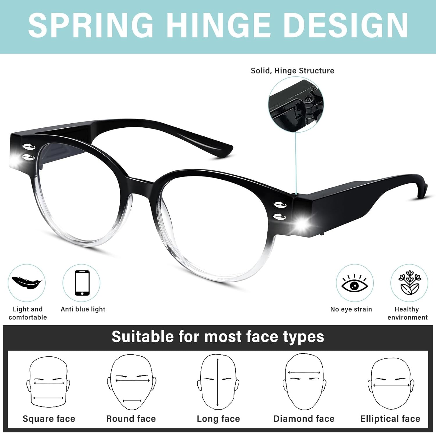 Gafas de lectura con luces LED brillantes para lectura con lupa para leer a la moda, bloqueo de luz azul, lupa, lector nocturno, mujeres y hombres,