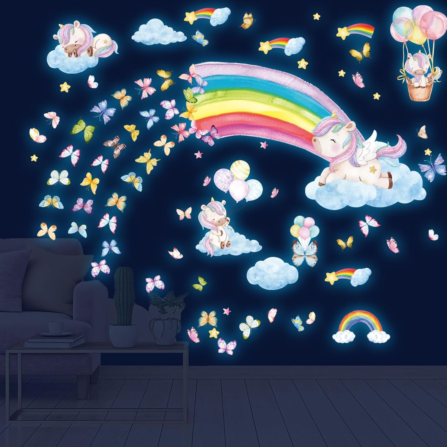 Calcomanías de pared grandes que brillan en la oscuridad de arcoíris y unicornio, calcomanías de pared brillantes y luminosas, calcomanías de pared