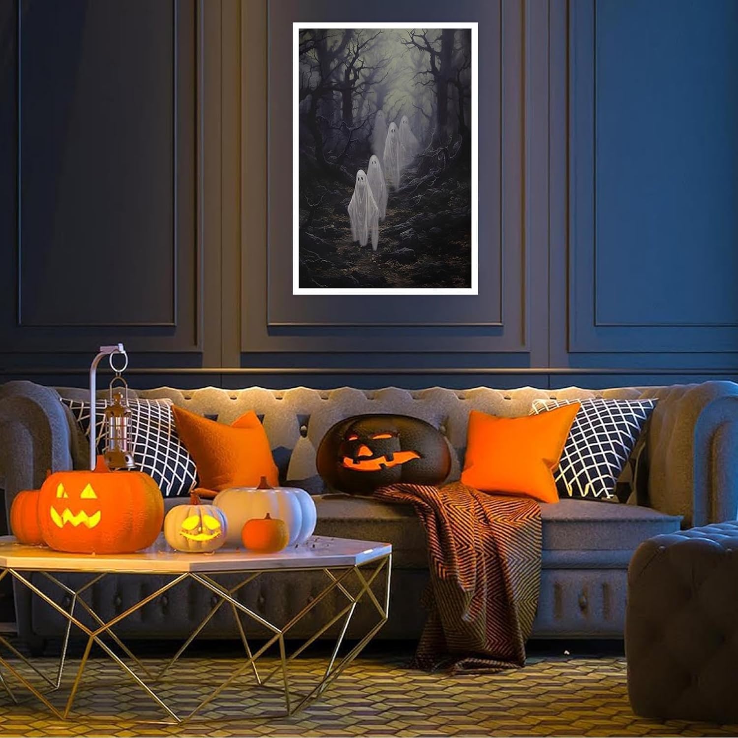 Lienzo vintage de Halloween, arte para pared, lindo fantasma en bosque de otoño embrujado, impresión gótica oscura, academia de Halloween,