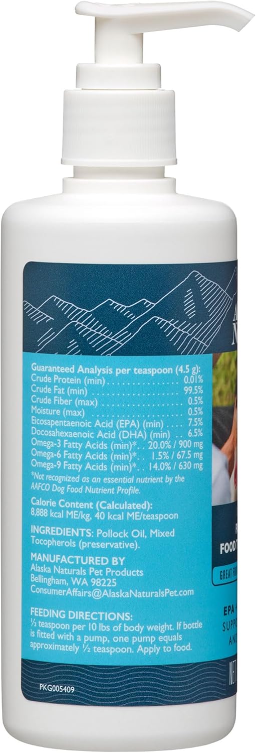 Alaska Naturals Aceite de abadejo salvaje de Alaska para perros – EPA y DHA Omega-3 – Suplemento para piel sana, pelaje brillante – capturado en la