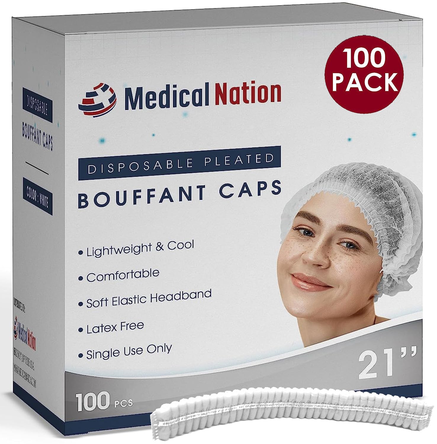 Medical Nation Red para el cabello, redes plisadas desechables  Blanco, 100 unidades  Redes de pelo para servicio de alimentos, uso médico, redes