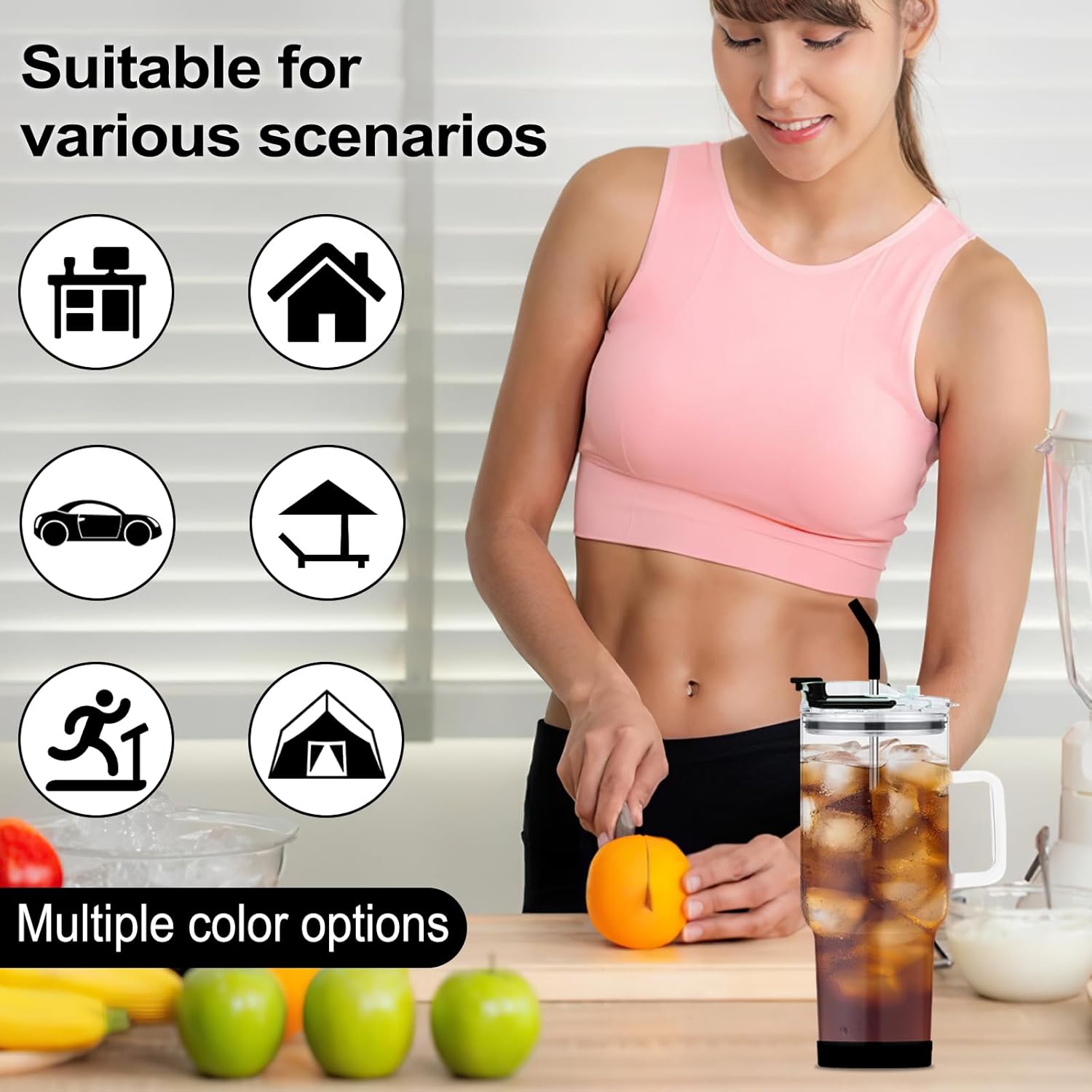 Vaso de vidrio con tapa y popotes, taza de vidrio de gran capacidad de 40 onzas con asa, vasos para beber con posavasos de silicona, taza de agua de