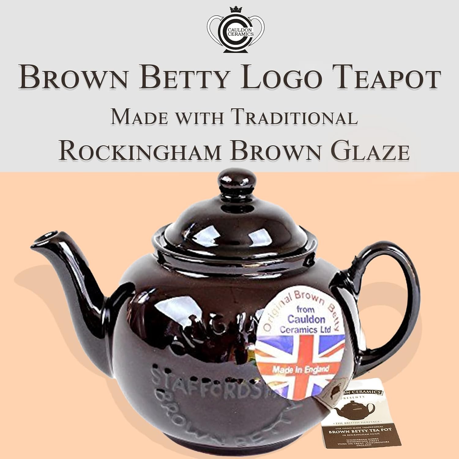 Cauldon Ceramics Classic Brown Betty Tea Pot  Tetera Betty marrón de 4 tazas hecha a mano con logotipo, fabricada con arcilla roja Staffordshire,