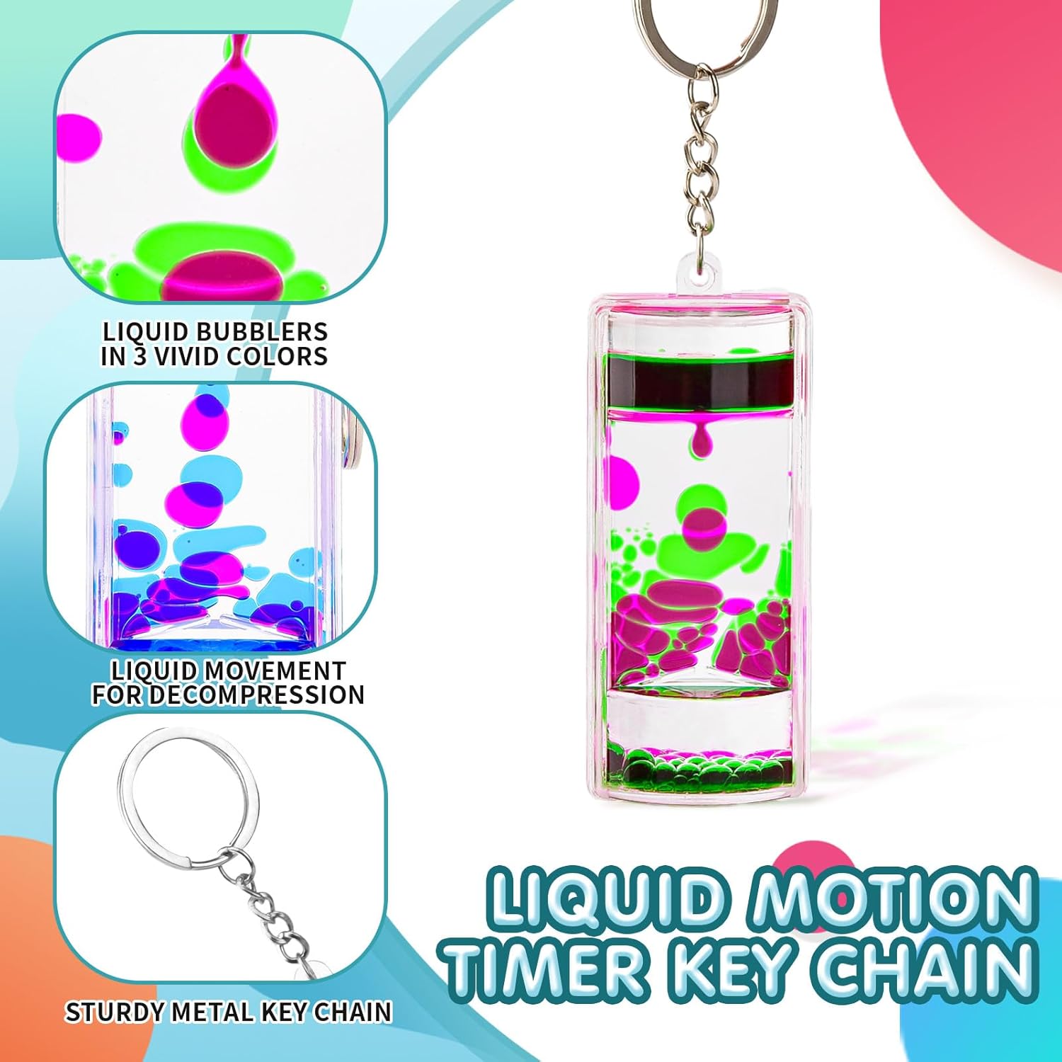 Paquete de 4 llaveros coloridos con burbujas de movimiento líquido, temporizador líquido antiestrés para juegos sensoriales, llaveros de reloj de