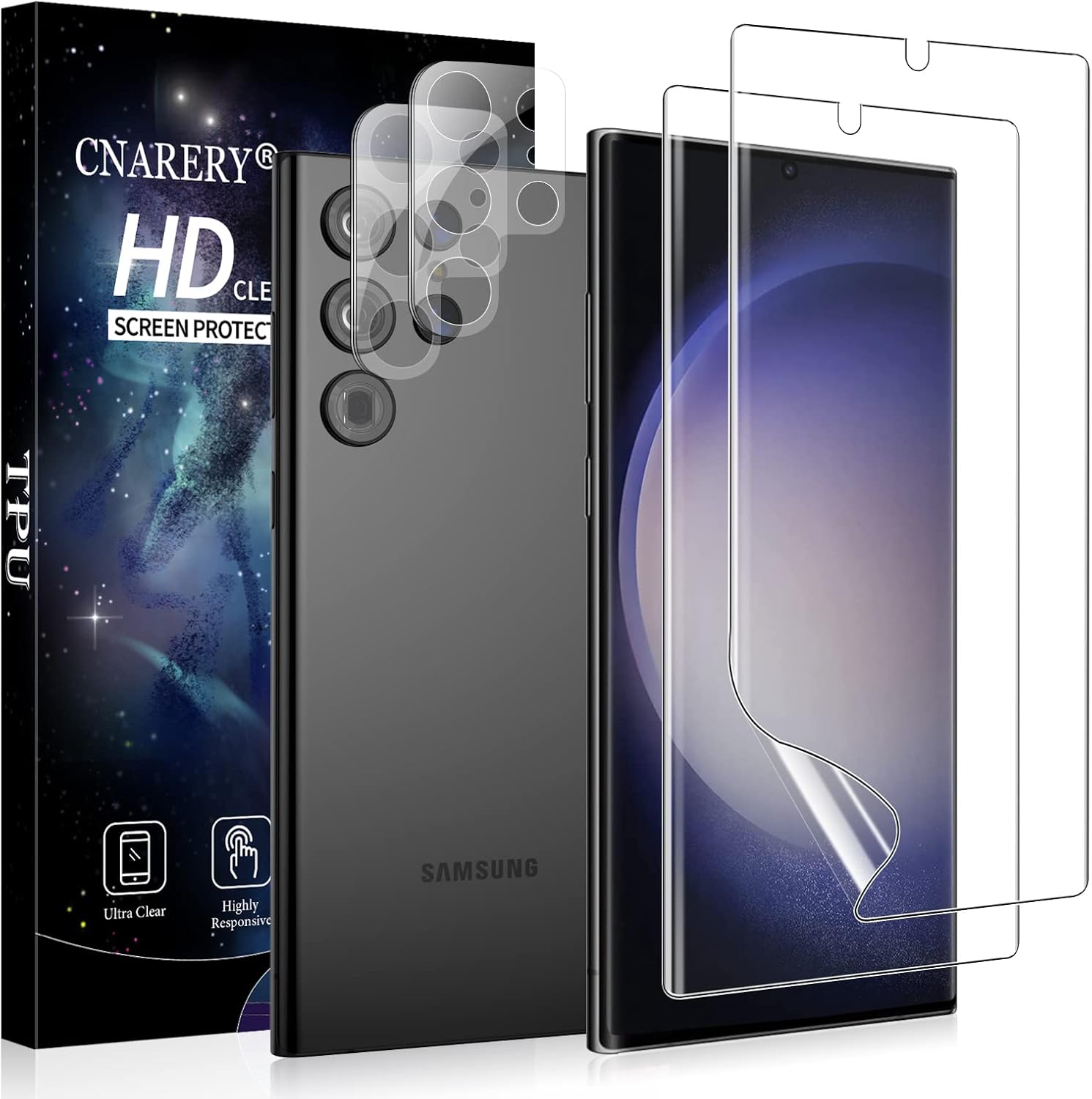 Paquete de 2+2 Protector de pantalla de TPU para Samsung Galaxy S23 Ultra, paquete de 2 protectores de pantalla de TPU flexible con 2 protectores de