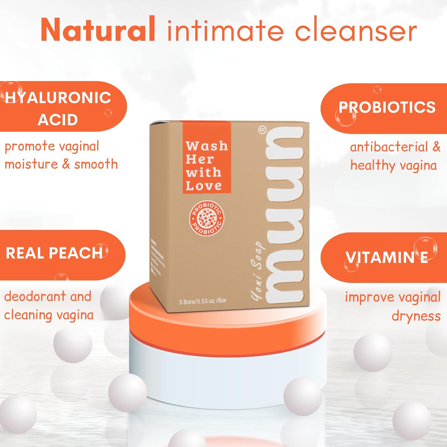 Muun Peach Yoni – Barra de jabón  Paquete de 3 limpiadores equilibrantes de pH  Probióticos e ingredientes naturales  Fórmula de limpieza suave que