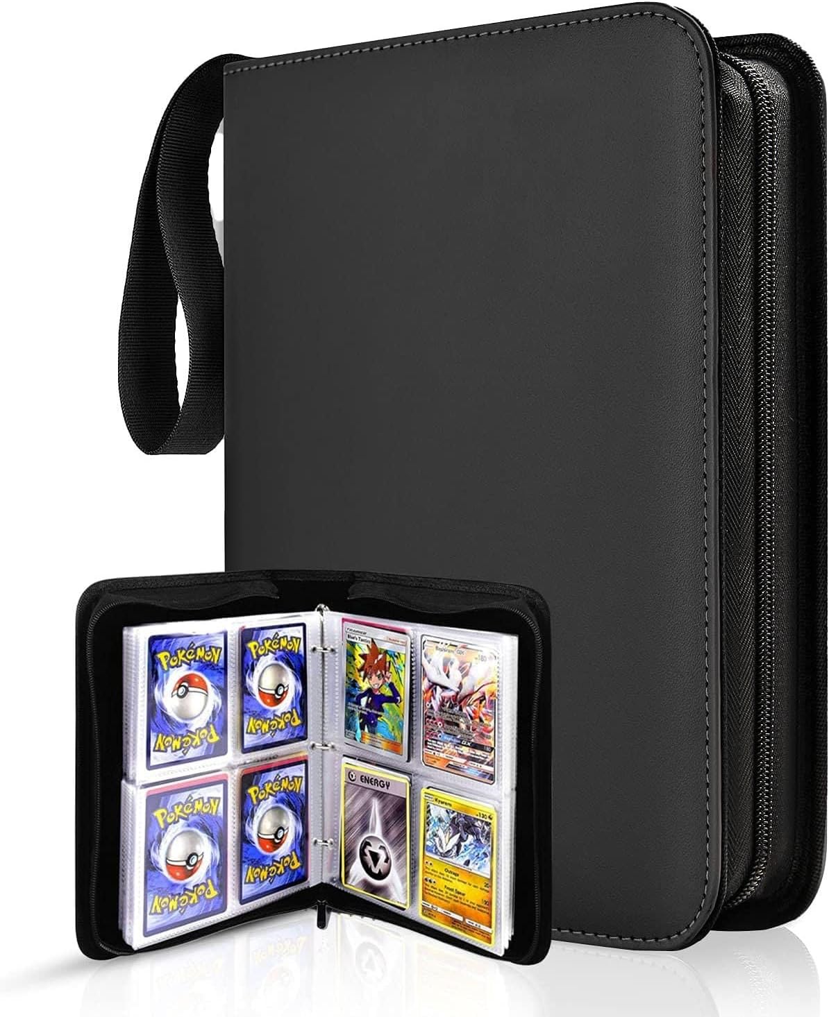 Carpeta de tarjetas coleccionables de 4 bolsillos, 400 bolsillos para tarjetas de Pokémon con cremallera, 50 fundas compatible con tarjetas