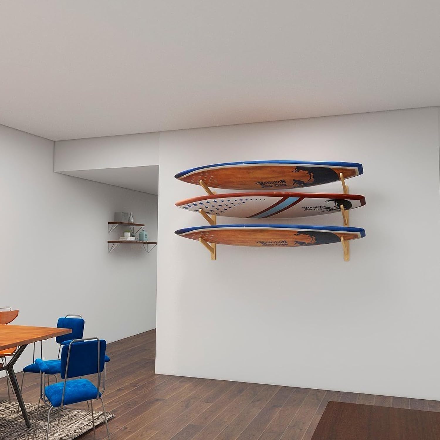 Stranthother Soporte de pared para tabla de surf, 3 tablas de surf, soporte de madera maciza para tablas de surf, soportes de tabla de surf para