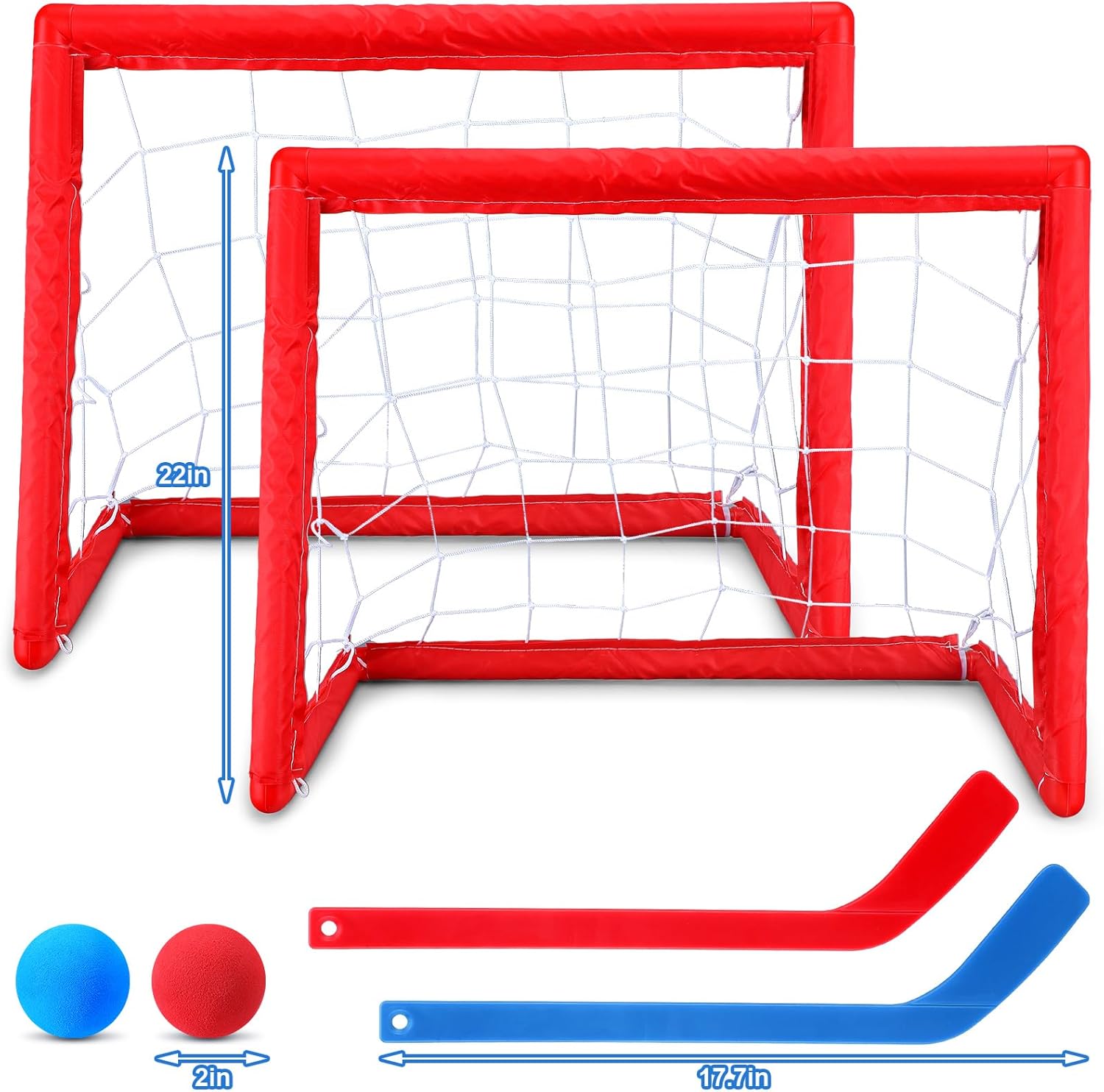 Juego de 2 juegos de mini hockey para niños, incluye 2 redes de hockey, 2 mini portería de hockey, 4 mini palos de hockey de plástico, 4 bolas de