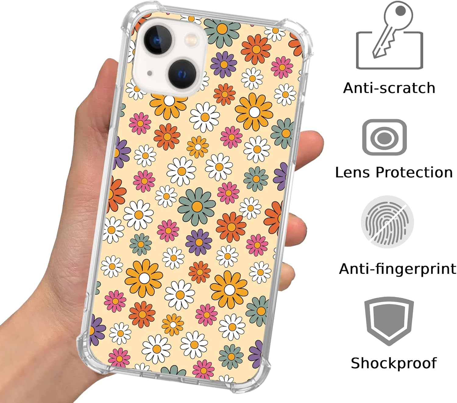 Hippie – Funda colorida de flores retro de los años 70 compatible con iPhone 15, bonita funda estética floral de margaritas para iPhone 15, funda de