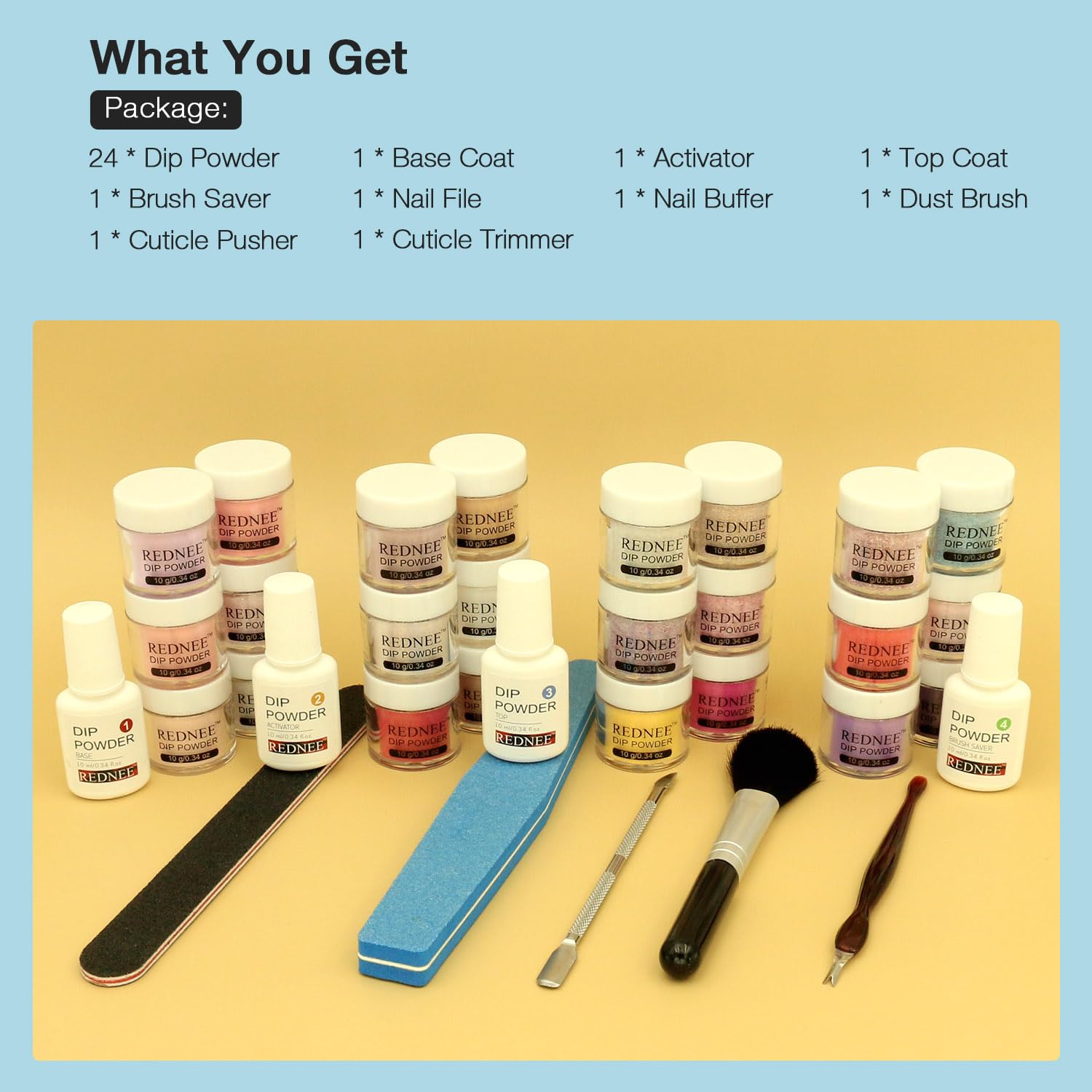 REDNEE Kit de manicura de inmersión de 33 piezas, 24 colores nude, rosa, neutro, sistema de polvo de inmersión para piel, conjunto líquido con base