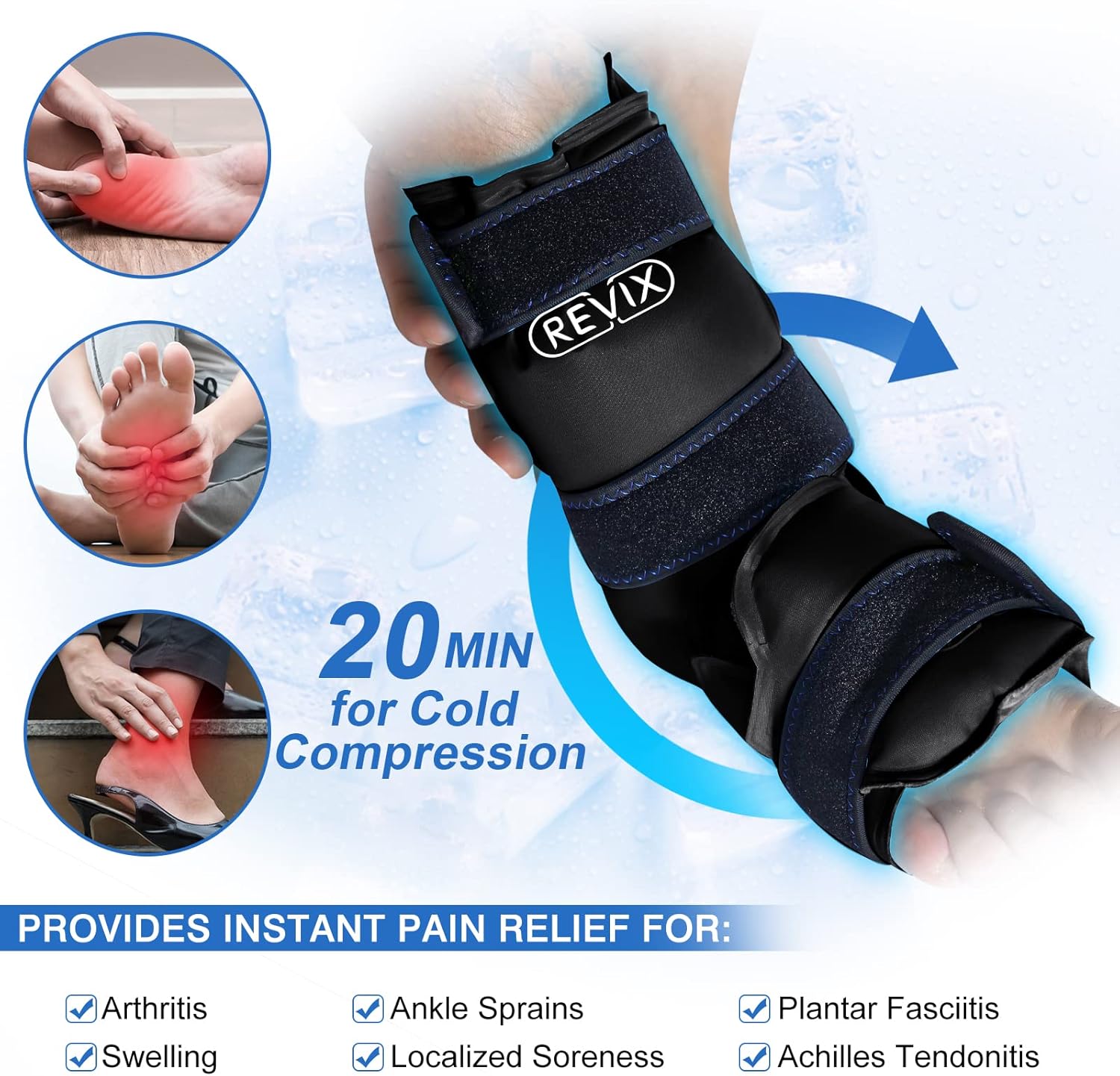 REVIX Bolsa de hielo para aliviar el dolor de tobillo y pies y envoltura de hielo de gel grande para piernas, cadera, muslo, rodilla y espinilla
