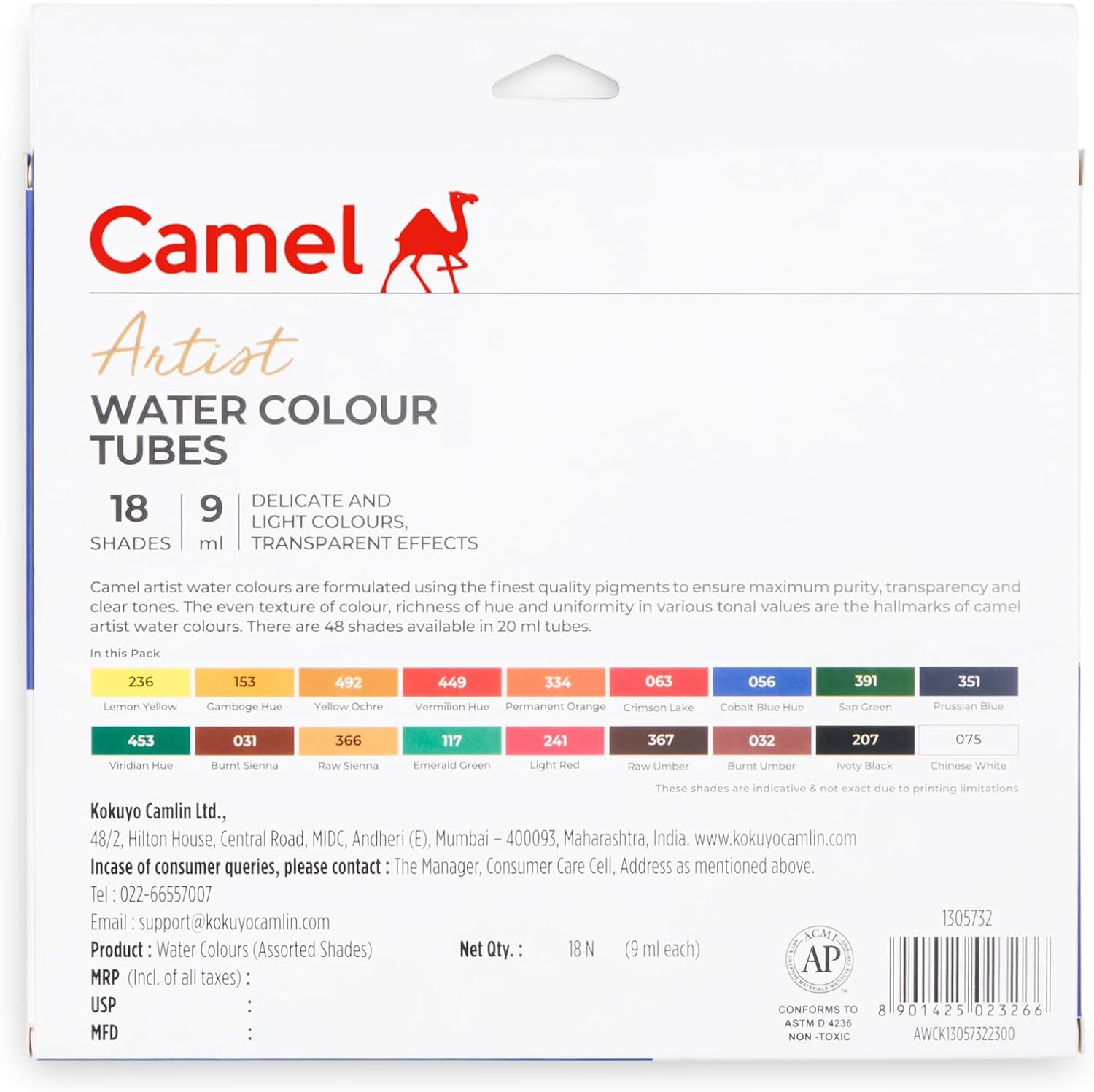 Camlin Kokuyo Artist’s – Caja de acuarela, tubos de 0.3 fl oz, 18 tonos
