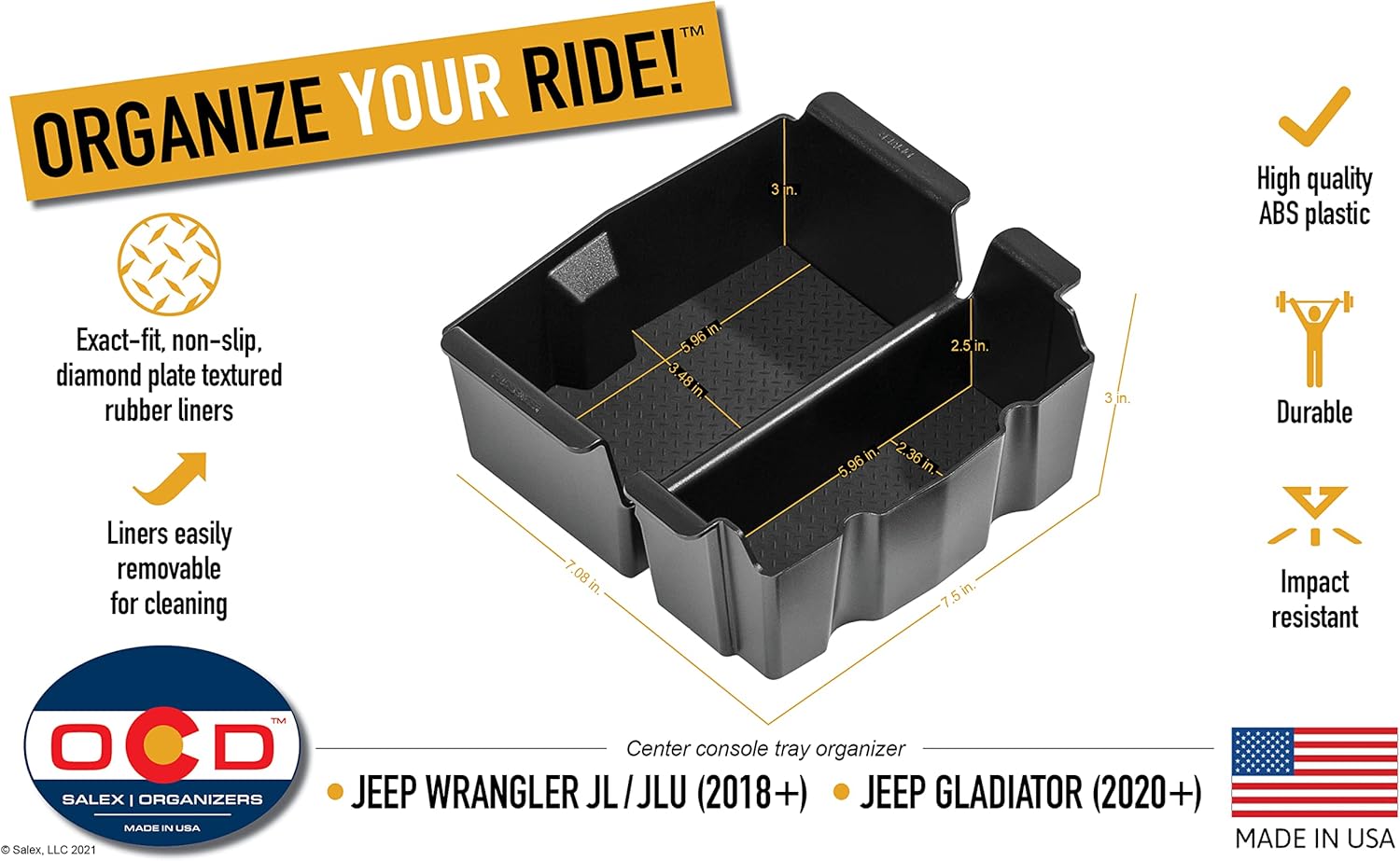 Vehicle OCD Bandeja organizadora de consola central con forros negros para Jeep Wrangler JLJLU (2018-2024) Jeep Gladiator JT Truck (2020-2024),