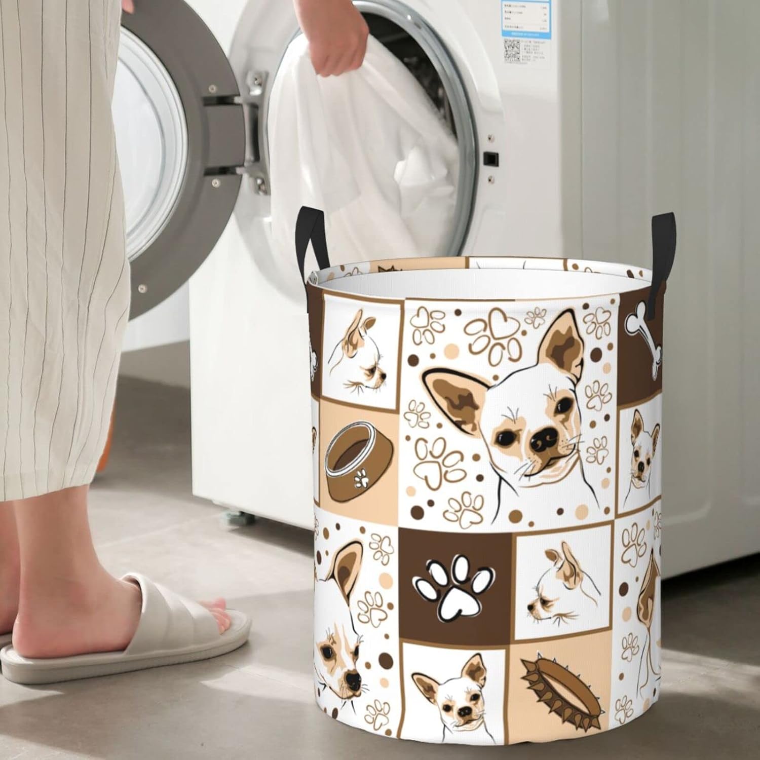 Cesto de lavandería lindo Chihuahua perro cesta circular portátil plegable con asas ropa necesidades diarias bolsa de almacenamiento