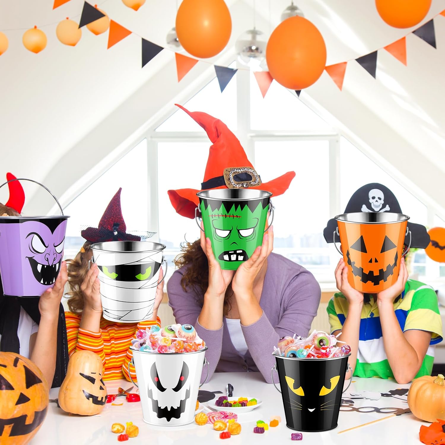 6 cubos de Halloween de metal a granel para niños, regalos de fiesta, cubo de dulce o truco con asa, cubo de dulces de calabaza de color calabaza