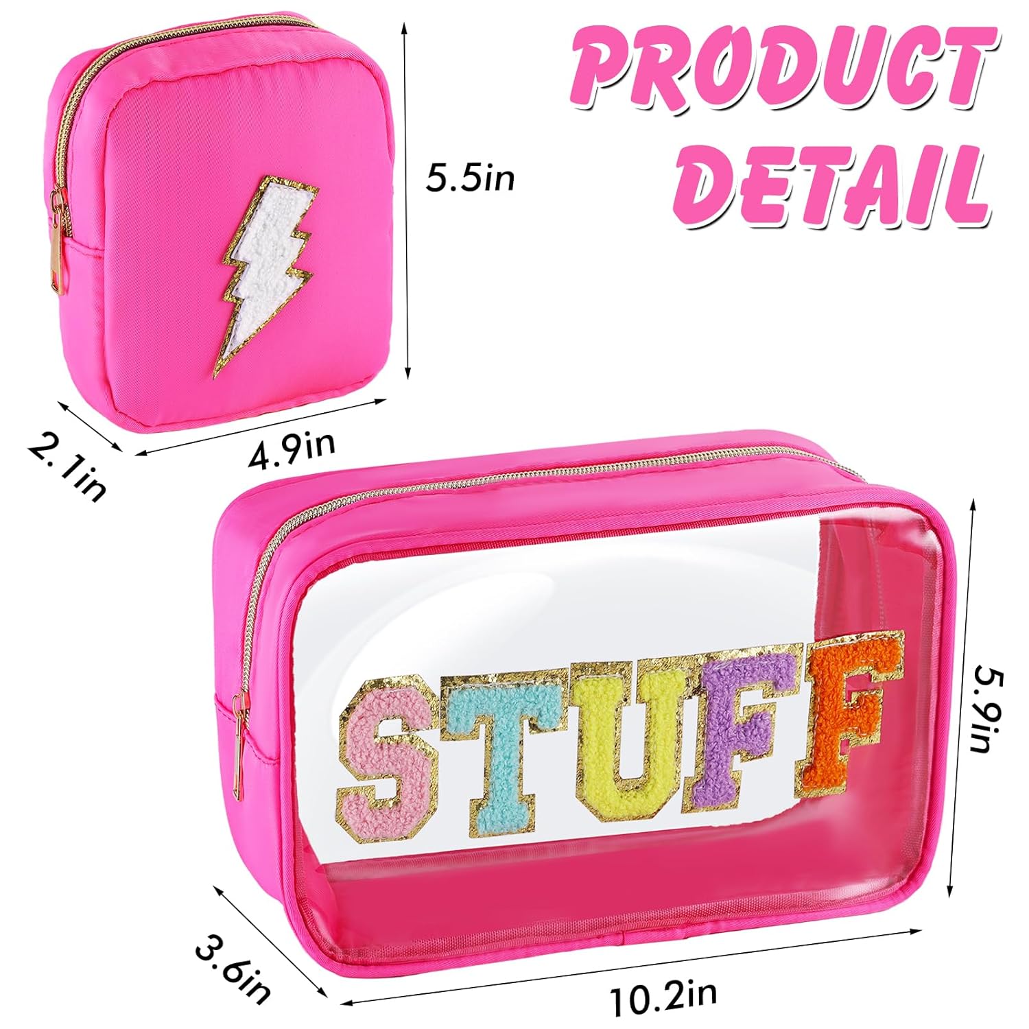 Juego de 2 bolsas de maquillaje transparentes y preppy, grandes, pequeñas, de viaje, con letras de chenilla, bolsa de cosméticos de nailon y PVC,