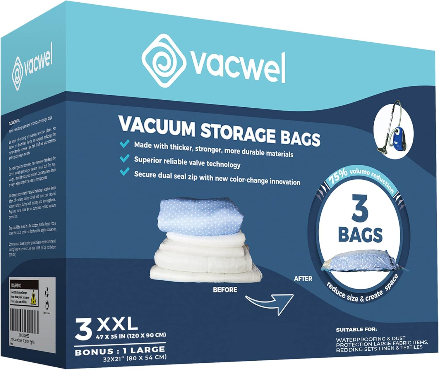 Paquete de 3 bolsas XXL de almacenamiento al vacío, bolsas ahorradoras de espacio para almacenamiento de ropa, edredones XL, cubrecolchón, 3 bolsas