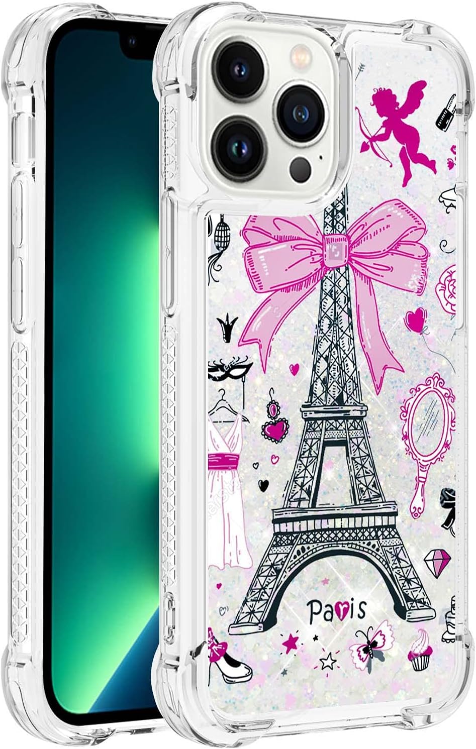 Funda para iPhone 15 Quicksand Case, Glitter Floating Clear Quicksand Airbag Soft TPU Silicona a prueba de golpes de lente protector de pantalla