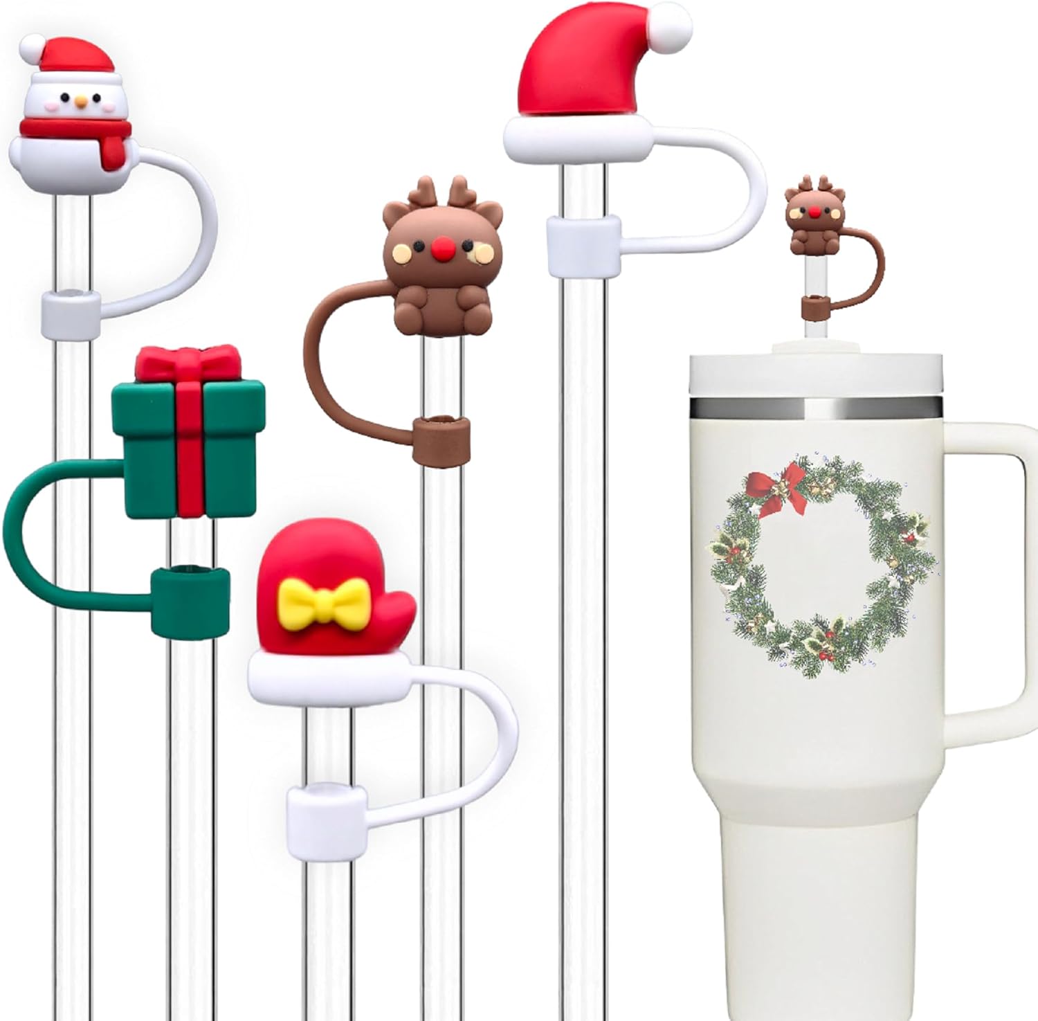 5 fundas de popote de Navidad limitadas para Stanley Cup y Starbucks  2 tamaños de 0.315 in y 0.394 in de silicona para vasos, lindo tapón de popote