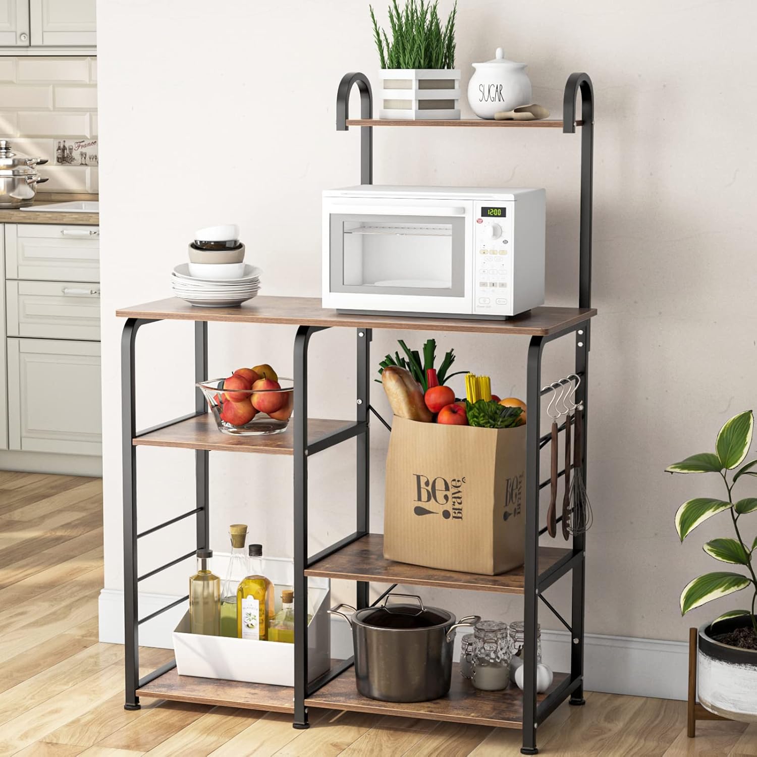 SDHYL Barra de café, estante para horno de 35 pulgadas, soporte para microondas con 5 estantes de almacenamiento y ganchos, estantes de cocina,
