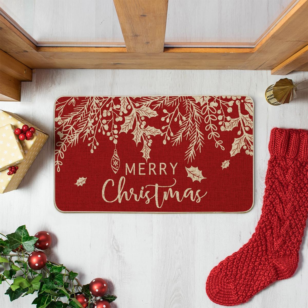 Artoid Mode Red Holly – Tapete de muérdago con texto en inglés “Merry Christmas”, decoración del hogar de invierno de Navidad, tapete de bajo