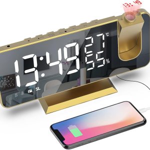 Mightree Reloj despertador de proyección para dormitorio, reloj despertador digital con cargador USB, pantalla de espejo LED grande de 7.4 pulgadas, Mightree Reloj despertador de proyección para dormitorio, reloj despertador digital con cargador USB, pantalla de espejo LED grande de 7.4 pulgadas,