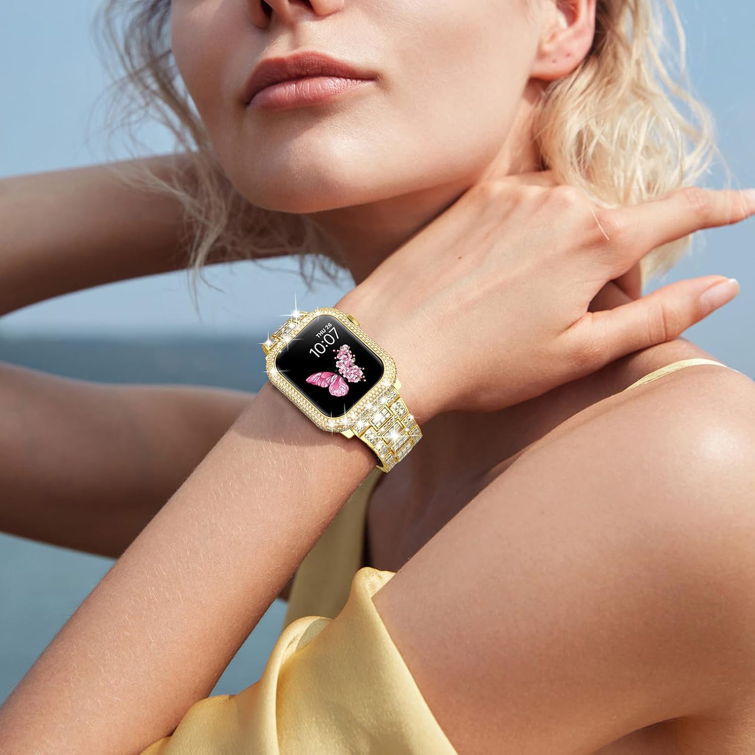 Mosonio Compatible con correas brillantes para Apple Watch de 1.575 pulgadas, 1.732 pulgadas, 1.614 pulgadas, 1.772 pulgadas, con funda de metal