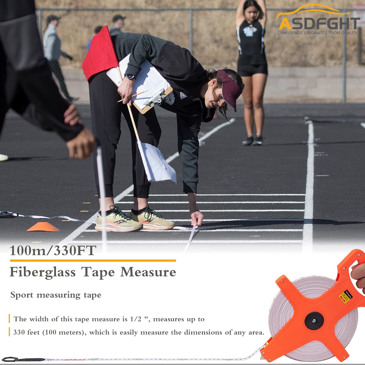 Cinta métrica de carrete abierto de 330 pies, cinta métrica de fibra de vidrio, cinta métrica de patio apta para campo deportivo, al aire libre,