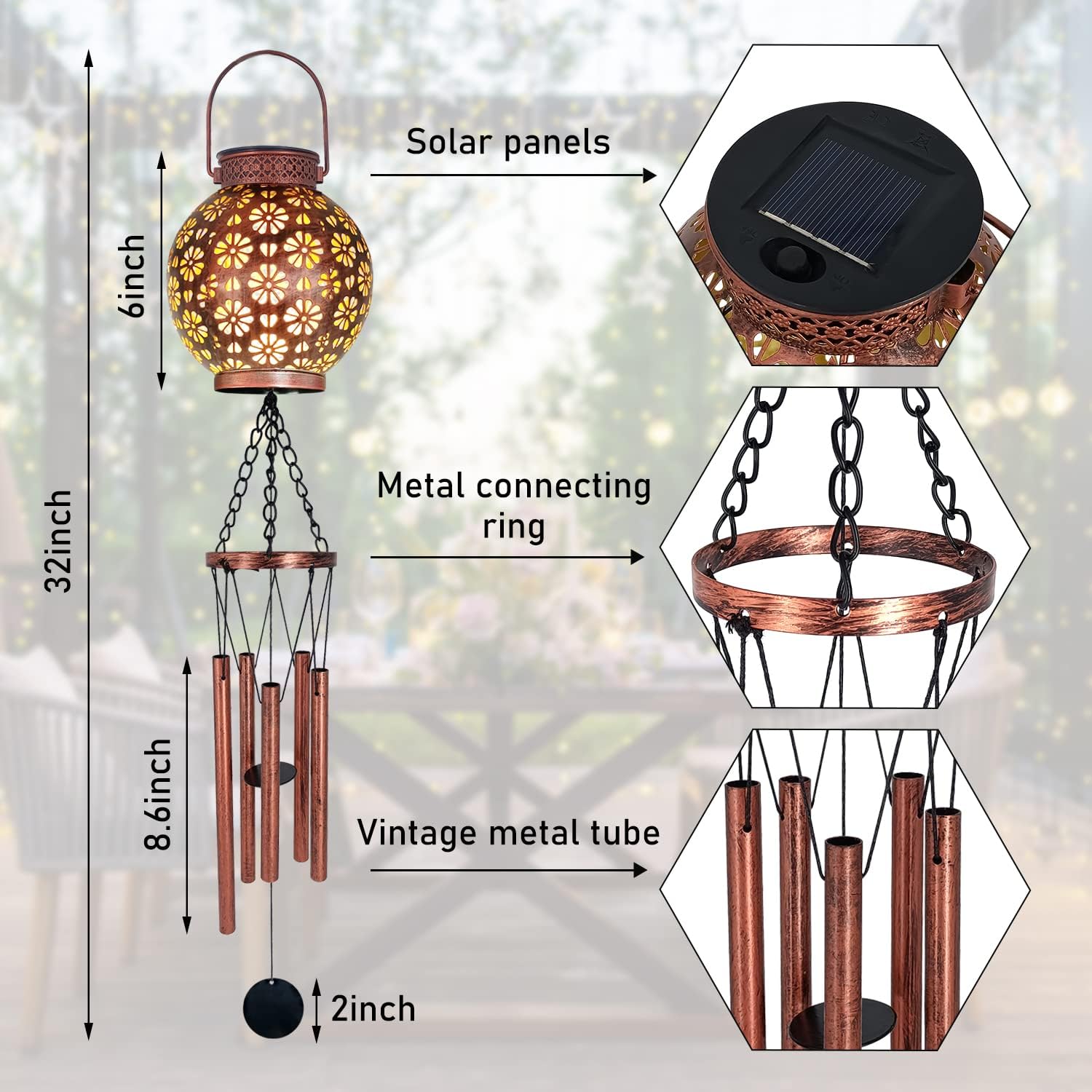 Astarin 2 campanillas de viento solares para colgar en exteriores, luces solares LED, farol de jardín al aire libre, decorativo, como regalo para