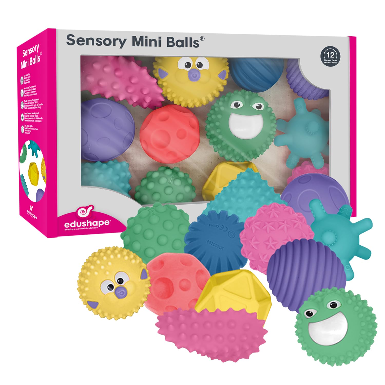 Edushape Mini bolas sensoriales para bebé, paquete de 12 bolas de bebé de color sólido que ayudan a mejorar las habilidades motoras gruesas para