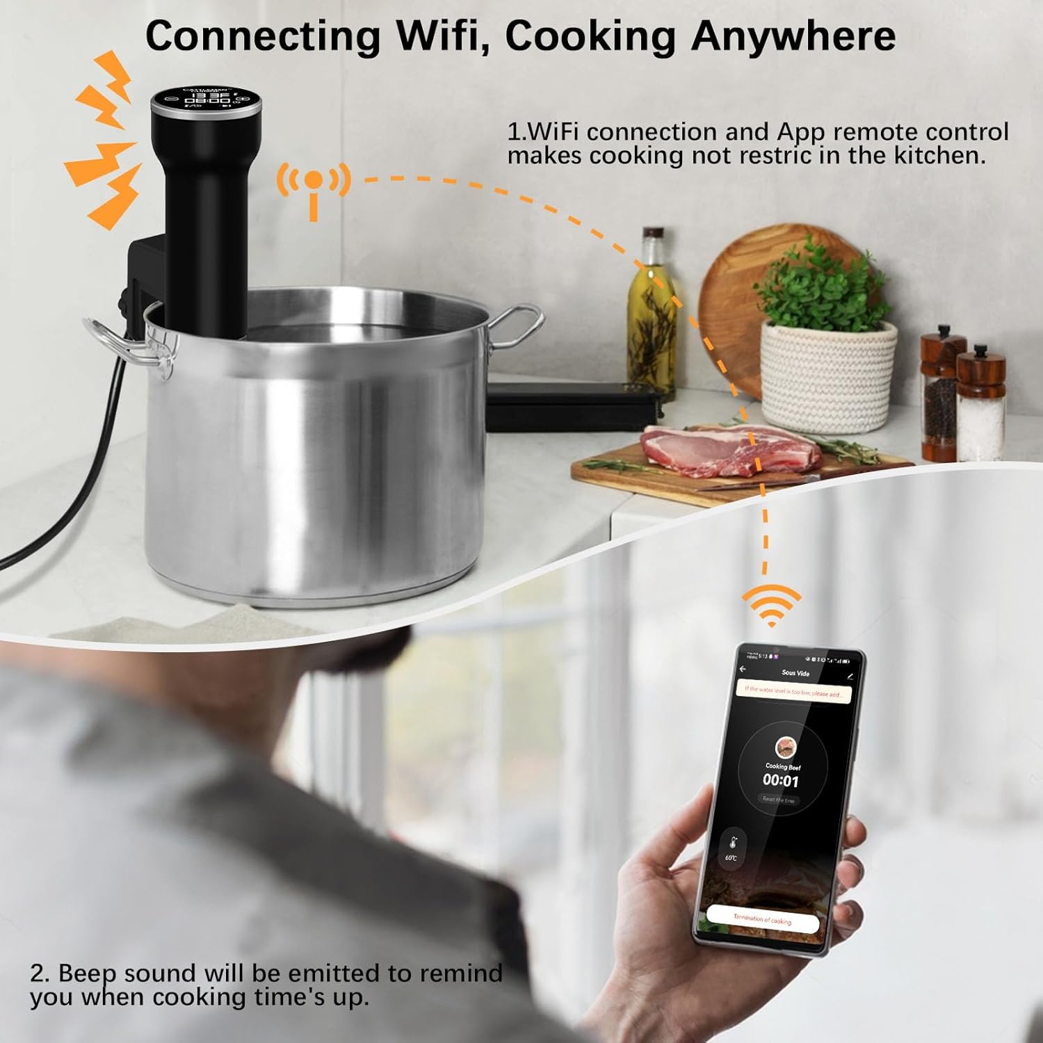 Máquina Sous Vide Wi-Fi, cocina precisa para circulador de inmersión, kit Sous Vide con 30 bolsas de sellado al vacío, bomba de vacío, libro de