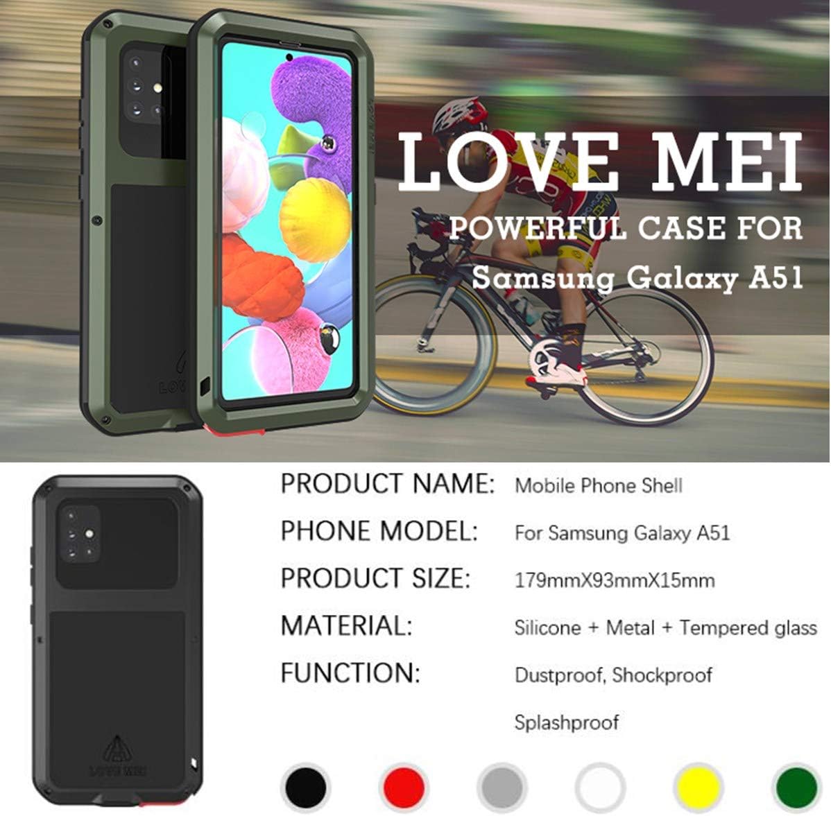 LOVE MEI Funda para Samsung Galaxy A51, resistente al agua, militar, resistente, a prueba de golpes, polvo y suciedad, aluminio híbrido, metal,