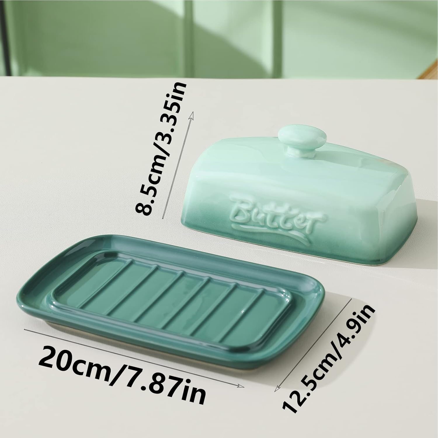Candiicap – Mantequillera grande de porcelana con tapa, plato de mantequilla clásico que cambia de color para encimera, soporte grande para