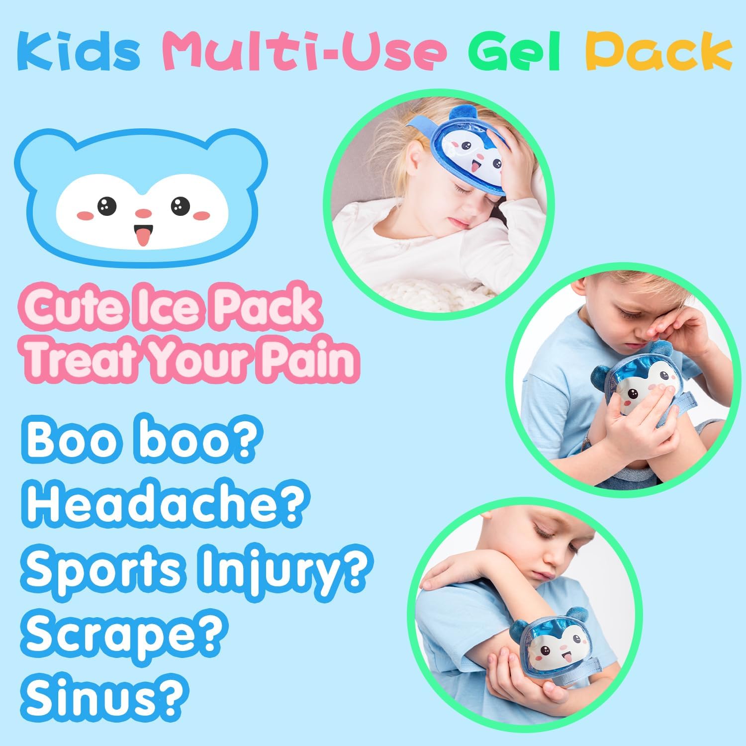 Boo Boo – Paquete de hielo reutilizable para niños, reducción de fiebre auxiliar, paquete de frío caliente para lesiones de niños, muelas del