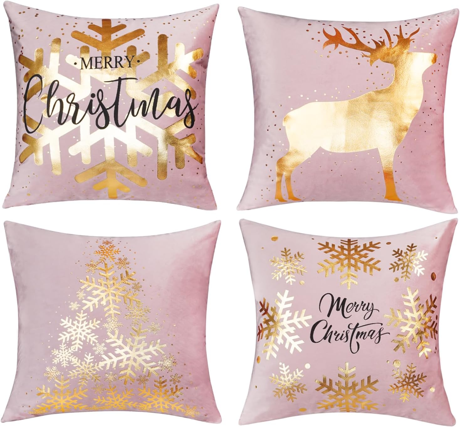 ONWAY Juego de 4 fundas de cojín decorativas de Navidad de 18 x 18 pulgadas, diseño de copos de nieve, renos, decoración dorada para sofá, dormitorio