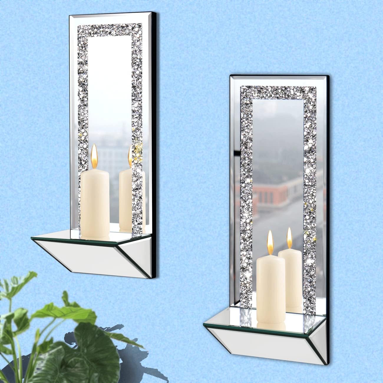 GIMORRTO Elegante juego de 2 candelabros de espejo  Elegantes portavelas de pared con diamante triturado de 15 x 5.3 pulgadas para velas de pilar