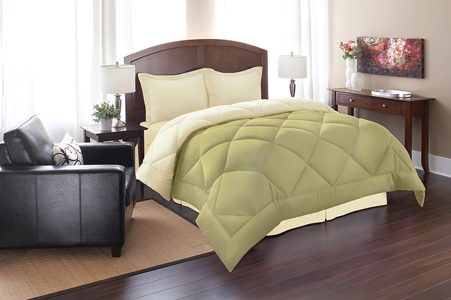 Juego de cobertores con plumas de ganso, reversible, varios tamaños y colores, 3 piezas, Microfibra, Verde salviacrema, Completo