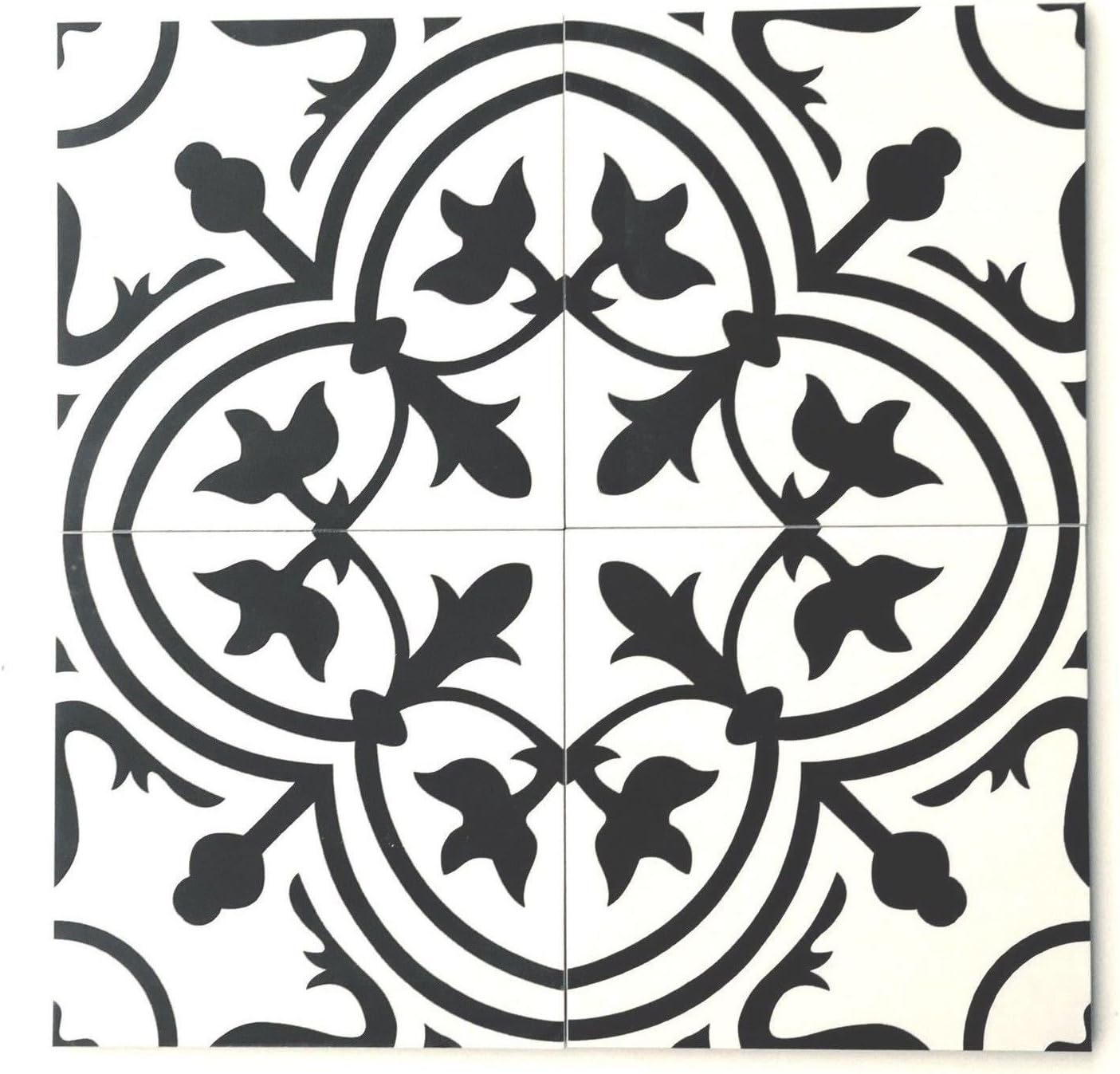Azulejo porcelánico blanco y negro Flora de 8 x 8 pulgadas (10 unidades)
