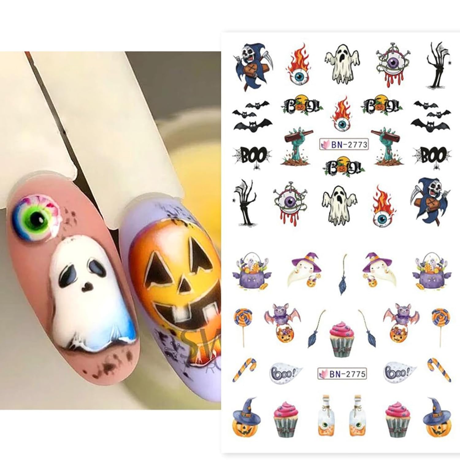 Calcomanías de arte de uñas de Halloween, 12 hojas de calcomanías de transferencia de agua para Halloween, calabaza, fantasma, araña, bruja,