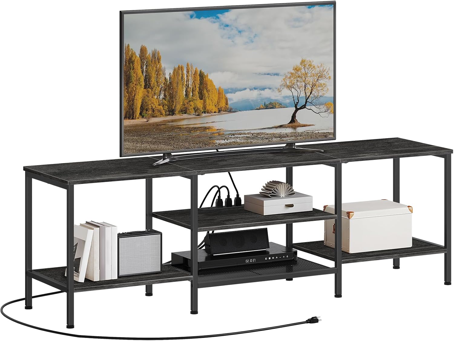 Soporte de TV con tomas de corriente de 75 pulgadas, mesa consola de TV con estantes de almacenamiento abiertos, centro de entretenimiento
