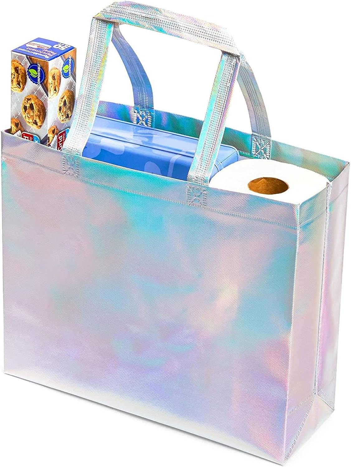 Juvale Bolsa de comestibles reutilizable con asas, holográfica (14 x 12 x 5 pulgadas, 24 unidades), Multi