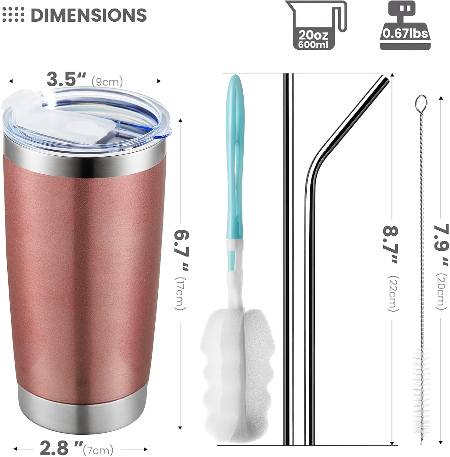 COKTIK – Paquete de 6 vasos de 20 onzas con tapa y popote, cepillo, aislamiento al vacío con doble pared de acero inoxidable, térmico para bebidas