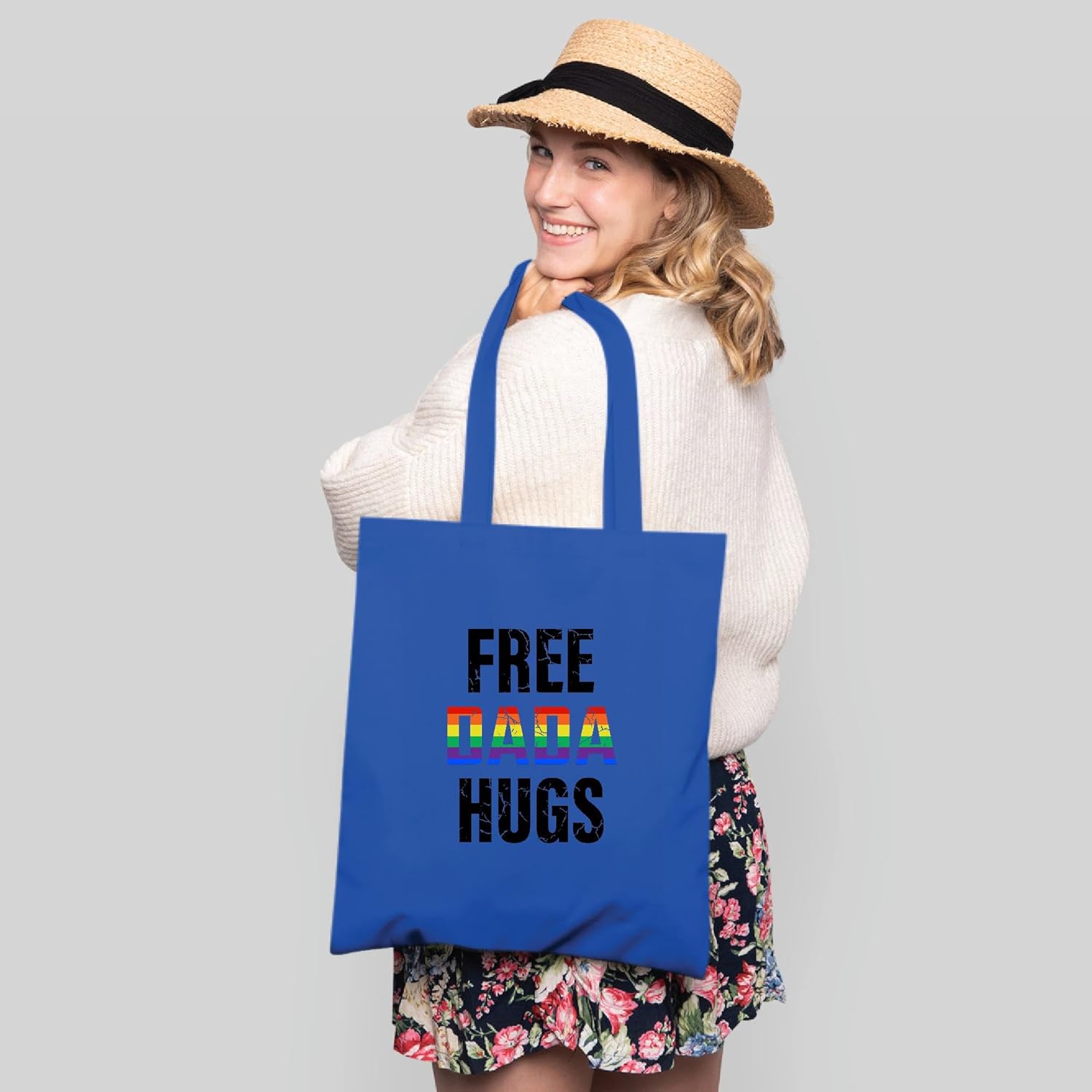 LGBT Lesbian Gay Pride Rainbow Gift for Free Dada Hugs Supporters Natural White Multicolor Canvas Tote Bag