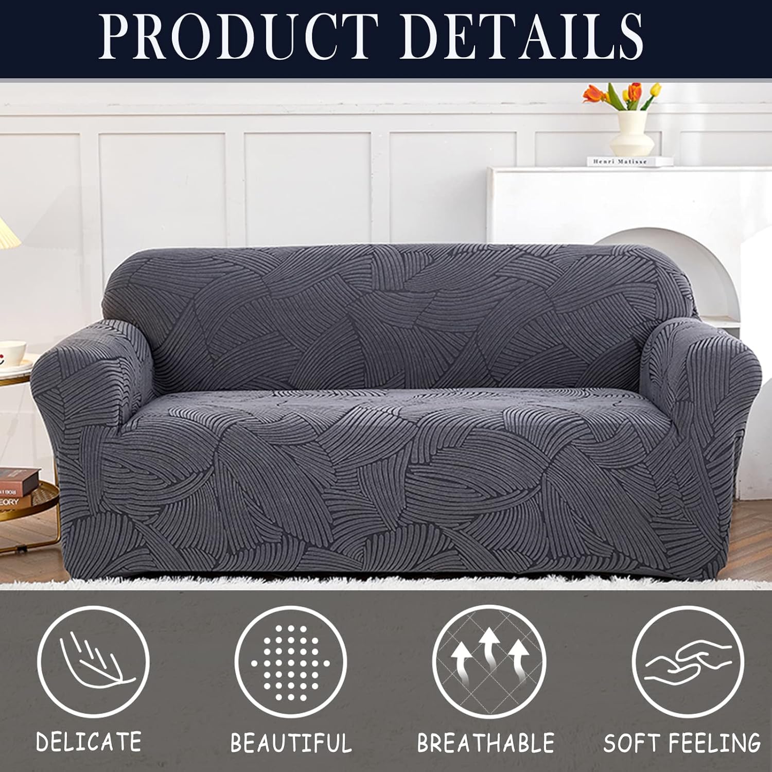 Qubjus Funda de sofá jacquard elástica de 1 pieza, funda de sofá suave, lavable, protector de muebles con espumas antideslizantes para perros, niños