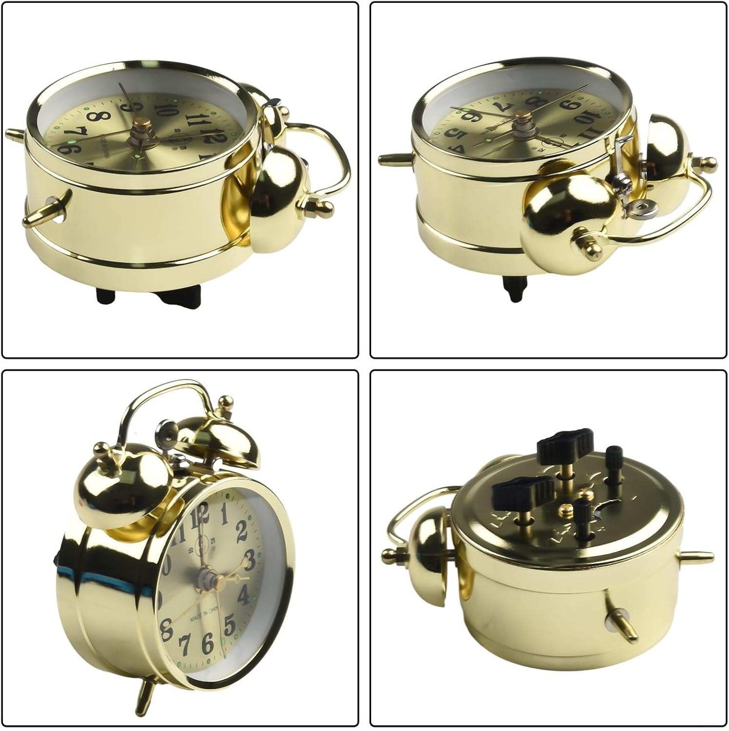 Reloj despertador de doble campana de 2.8 in para durmientes pesados, reloj despertador mecánico dorado de herradura, cuerda manual, reloj de metal